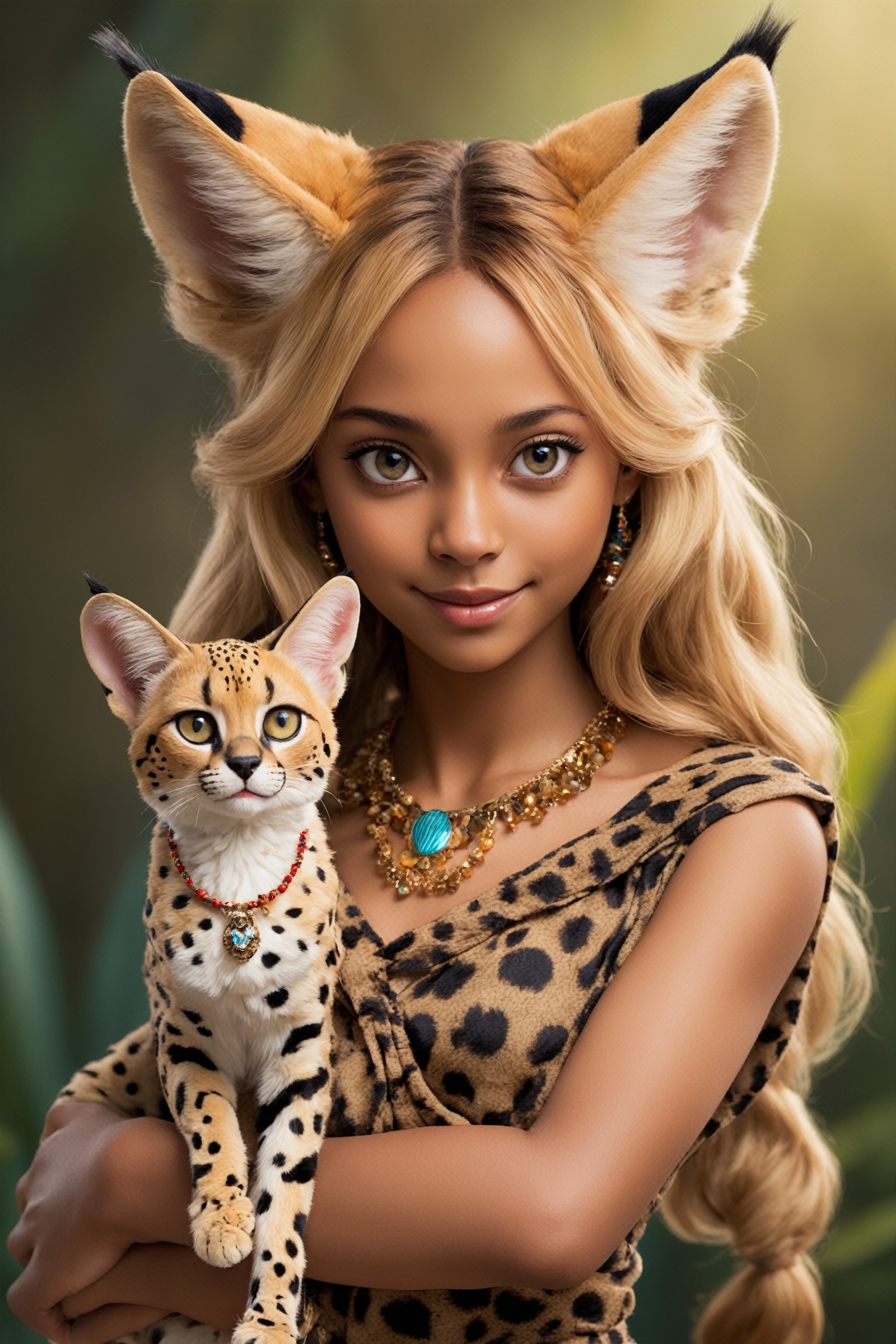  personified serval cat girl, embodying the grace, curiosity, and independence of her feline counterpart. With soft, spotted fur and expressive eyes, she captivates with her playful charm and alertness. Adorned in a whimsical ensemble inspired by the African savannah, she exudes a blend of wild beauty and human-like personality,catgirl