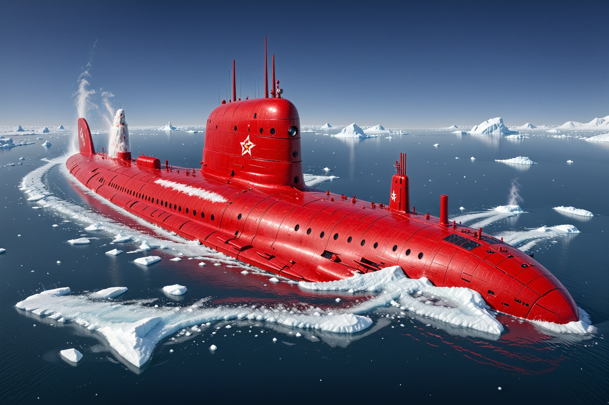 Craft a perfect Christmas 3D animation style image featuring an Akula class,  Soviet submarine. Picture the submarine brea...