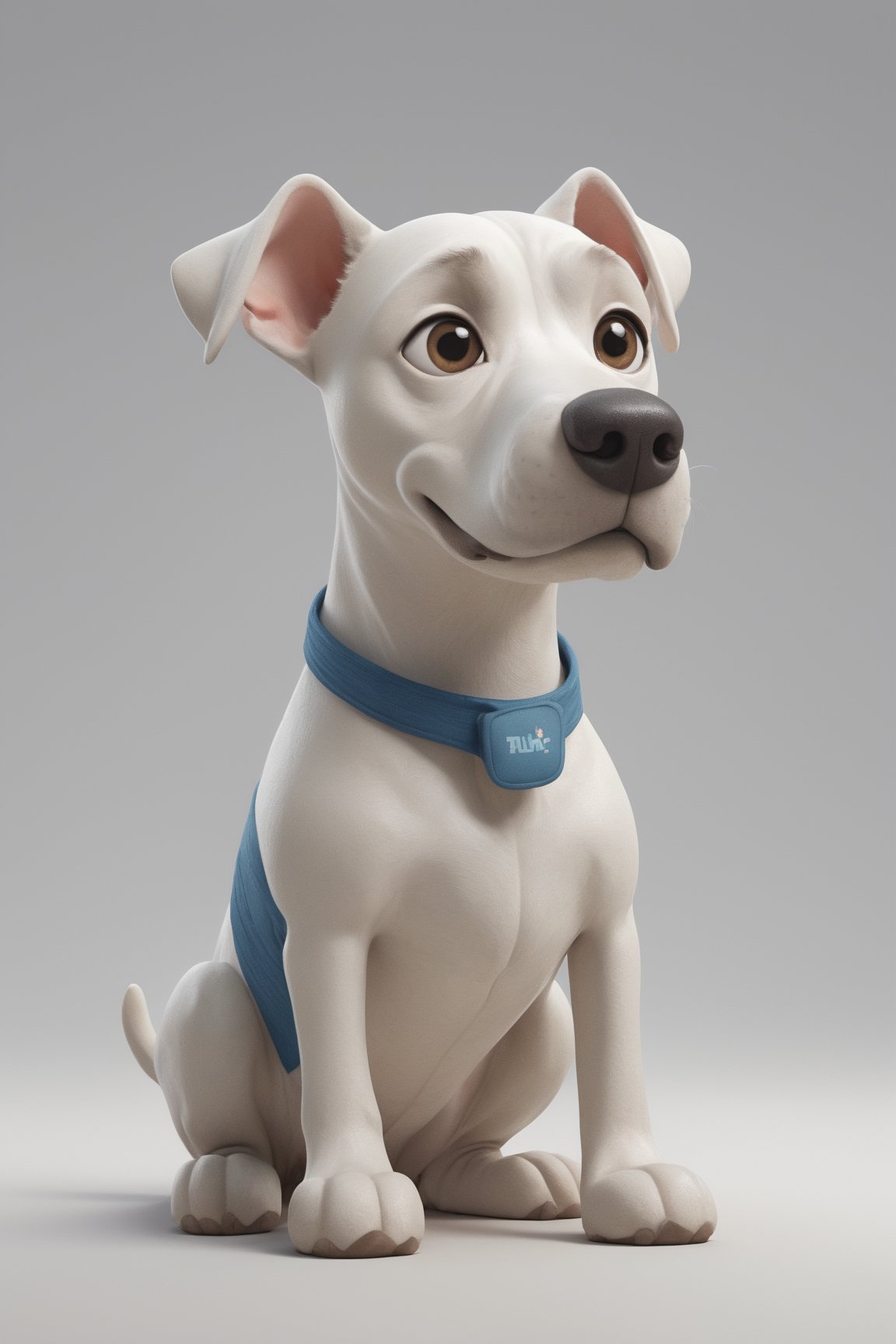 Create a 3D illustration featuring a cheerful argentinian dogo dog character with Pixar-like charm and large, friendly eyes. Full body, looking at the camera. Background has the logo of the Tensor Art website. Incorporate intricate details while maintaining a cartoonish aesthetic. Use a lively and inviting color palette to evoke warmth and friendliness. Ensure a clean, uncluttered white background for a professional look and illuminate the scene well to highlight the argentinian dogo dog, canvas, and computer screen. The character should represent creativity and accessibility, aligning with Tensor.art's mission to make art approachable. It should be easily recognizable and exude charm and playfulness, leaving a lasting impression. 