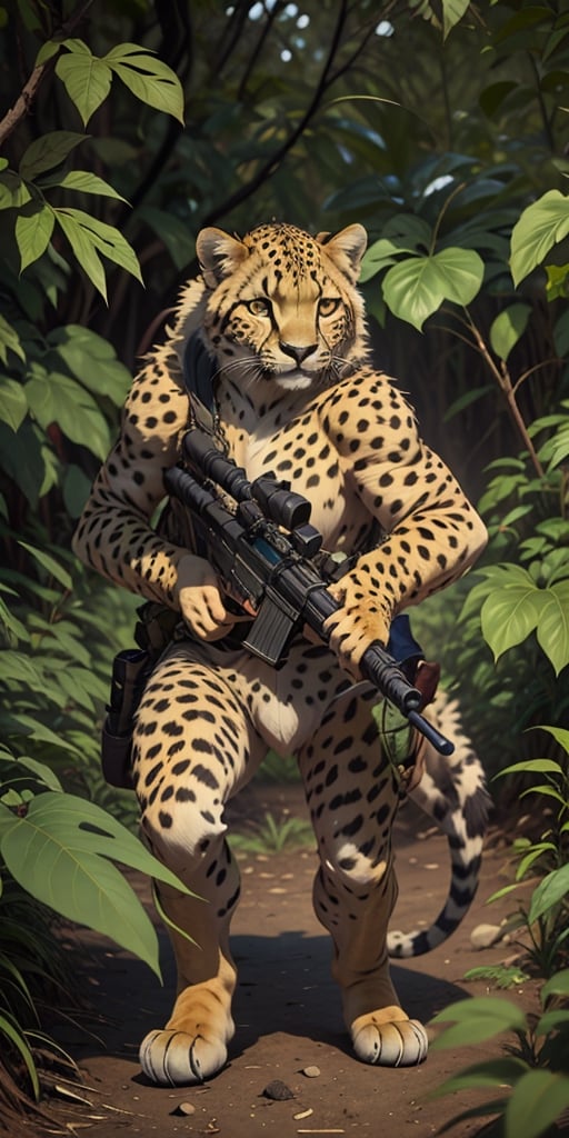 An army sniper duo with a cheetah as the shooter and a Lion as the spotter,  hunting in the african sabana,  blending camo...