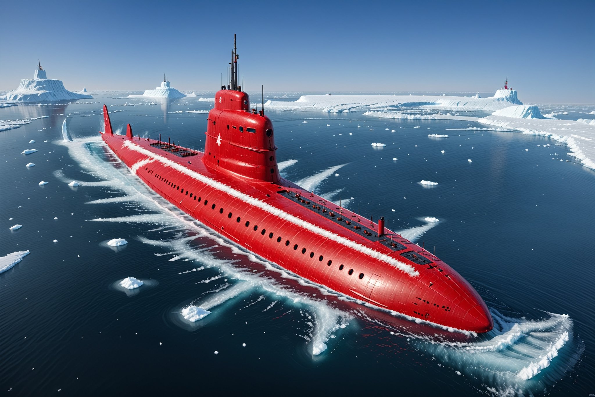 Craft a perfect 3D animation style image featuring an Akula class,  Soviet submarine. Picture the submarine breaking out t...