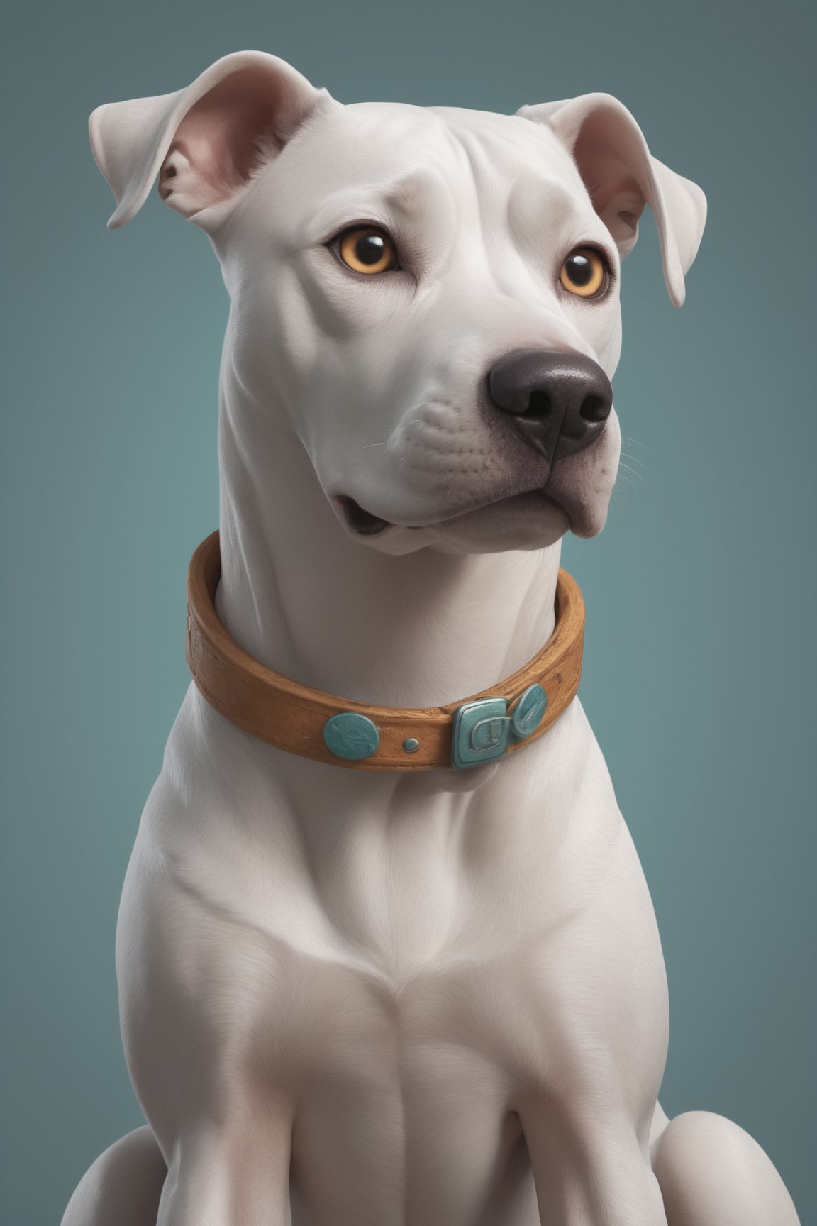 Create a 3D illustration featuring a cheerful argentinian dogo dog with Pixar-like charm and large, friendly eyes. Full body, looking at the camera. Background has the logo of the Tensor.Art website in 3d. Incorporate intricate details while maintaining a cartoonish aesthetic. Use a lively and inviting color palette to evoke warmth and friendliness.  illuminate the scene well to highlight the argentinian dogo dog, canvas, and computer screen. The character should represent creativity and accessibility, aligning with Tensor.art's mission to make art approachable. It should be easily recognizable and exude charm and playfulness, leaving a lasting impression. 