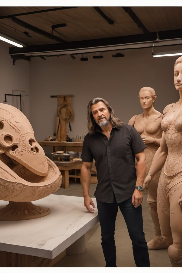 Create an image of Leonardo da Vinci in old Renaissance attire at his atelier designing a 2023 concept super-car in clay....