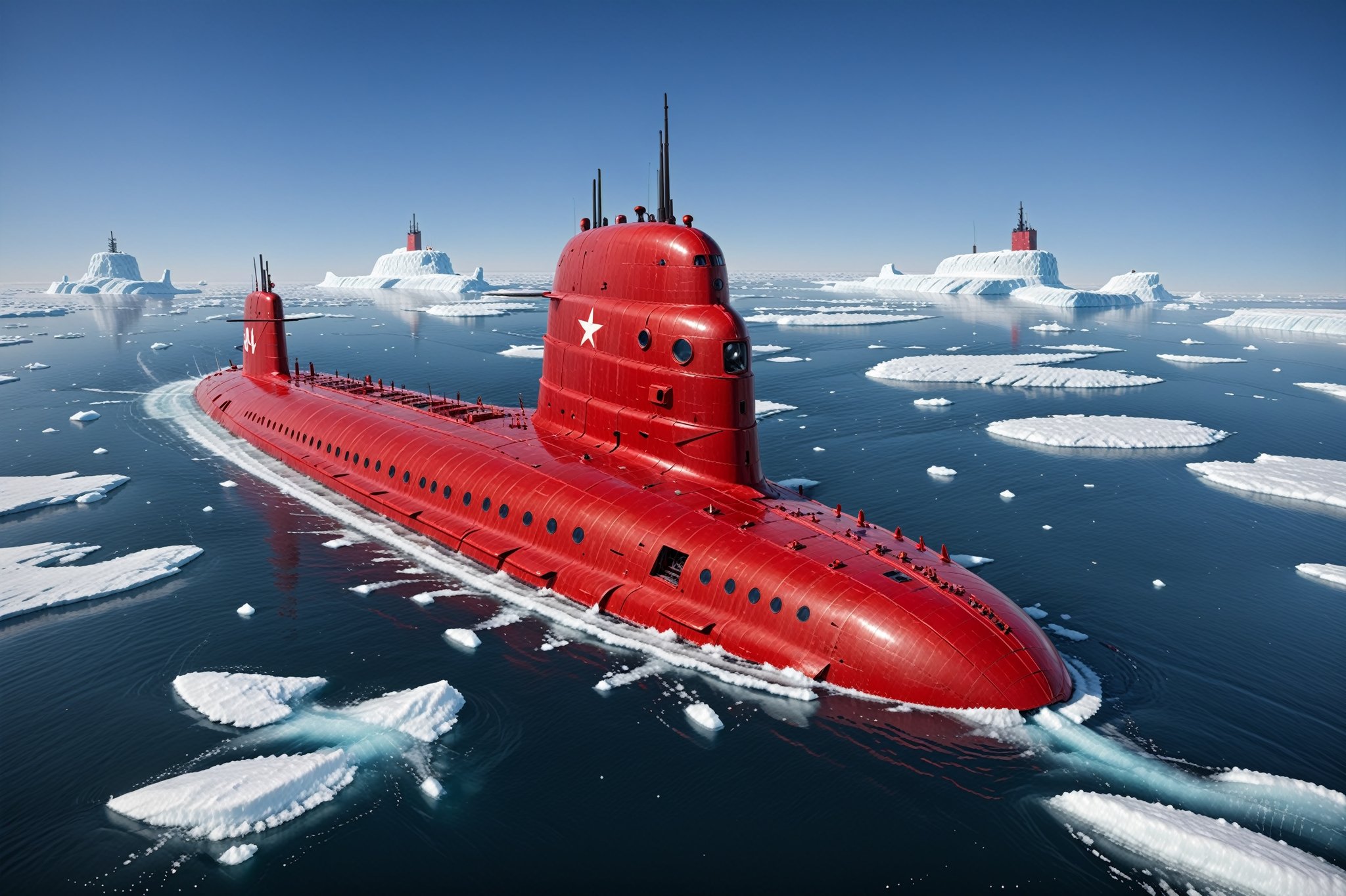 Craft a perfect 3D animation style image featuring an Akula class,  Soviet submarine. Picture the submarine breaking out t...