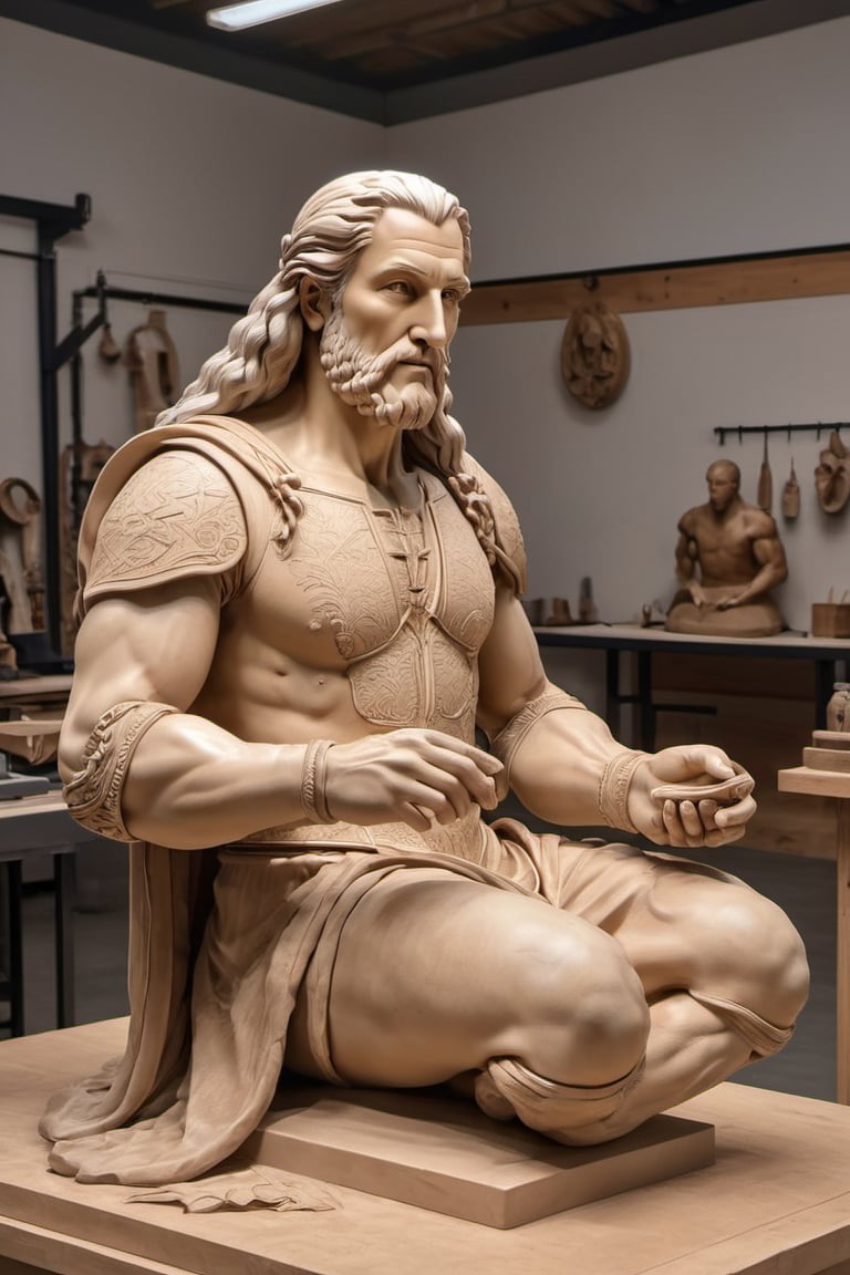 Create an image of Leonardo da Vinci in old Renaissance attire at his atelier designing a 2023 concept super-car in clay....