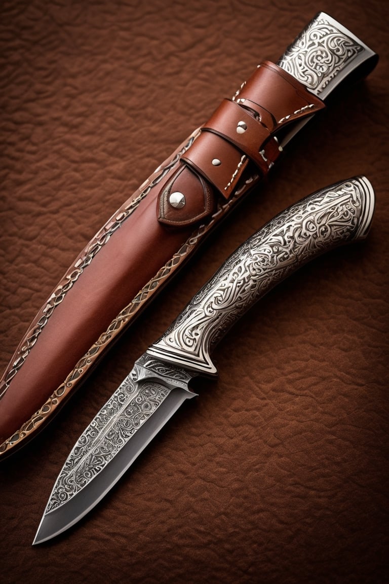 Detailed portrait of Beautiful facon,  gaucho knife made of german carbon steel and with a sleeve made of intricated gauch...