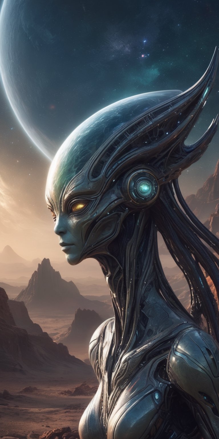 Generate an exquisitely detailed and visually captivating image of a stunning and ethereal alien,  gracefully enjoying the...