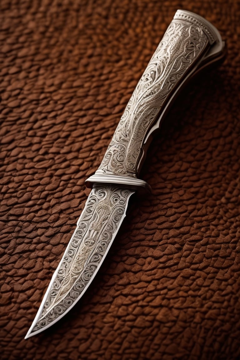 Detailed portrait of Beautiful facon gaucho knife with a sleeve made of intricate designed alpaca silver shot,  on Hasselb...