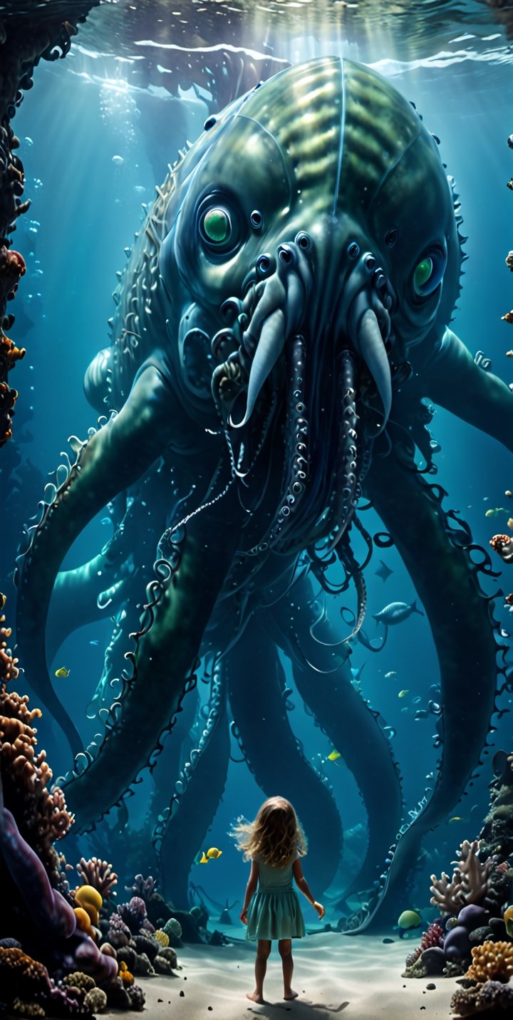 through the transparent barrier of an underwater observation pod,  a terrified young girl gazes wide-eyed at the colossal...