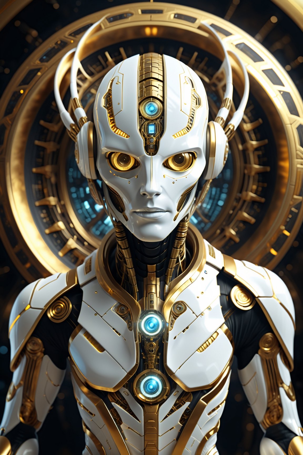white and gold alien,  sacred geometry,  futuristic clothesi by LaRecalcada on Tensor.Art