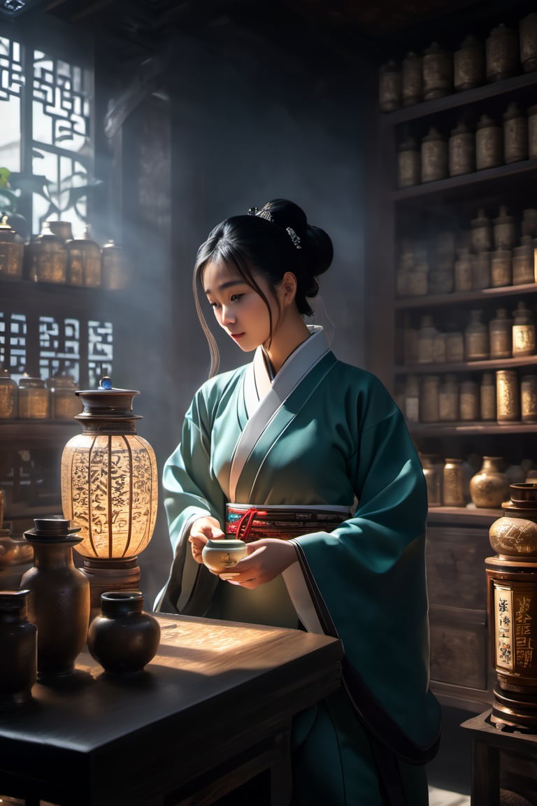 Generate an ultra-detailed,  cinematic scene featuring a Chinese doctor in traditional attire meticulously preparing a tea...
