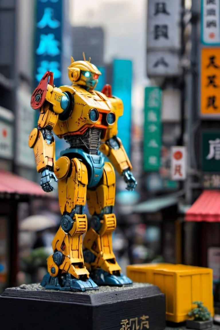 Ultra detailed,  fully assembled 80's Japanese metallic figure of a Pacific Rim Robot on scale 1:24,  on a diorama of the...