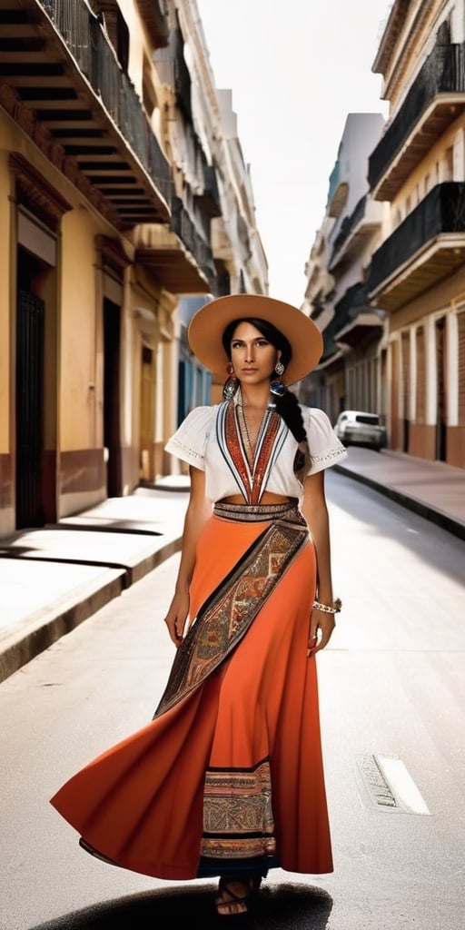 Create an image featuring a woman embodying the essence of Argentina. The woman should represent a random race,  with a sk...