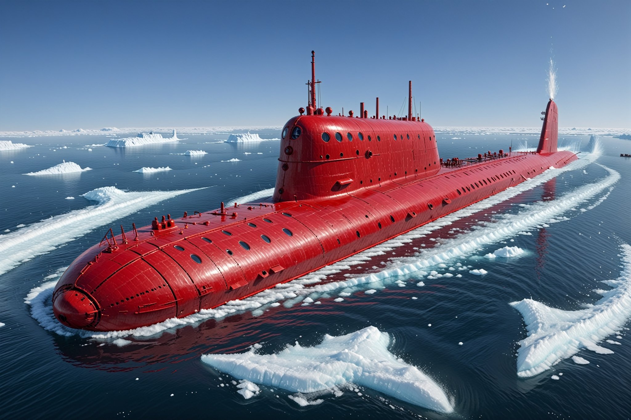 Craft a perfect Christmas 3D animation style image featuring an Akula class,  Soviet submarine. Picture the submarine brea...