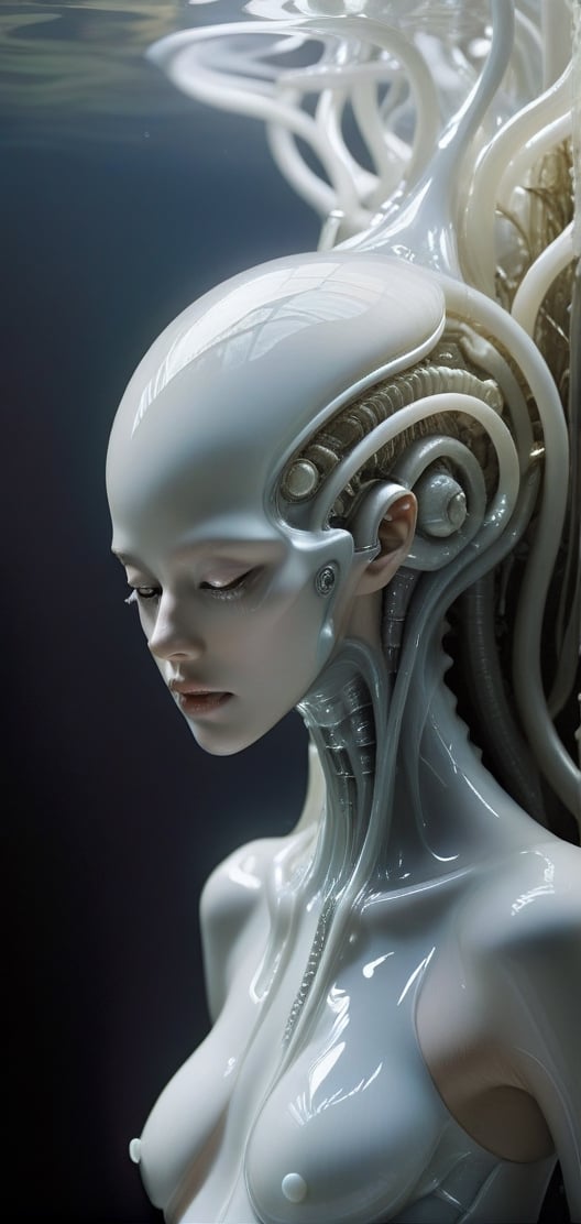 In Tim Walker's and hr giger's signature style,  the captivating image showcases a singular ethereal and enigmatic abyssal...