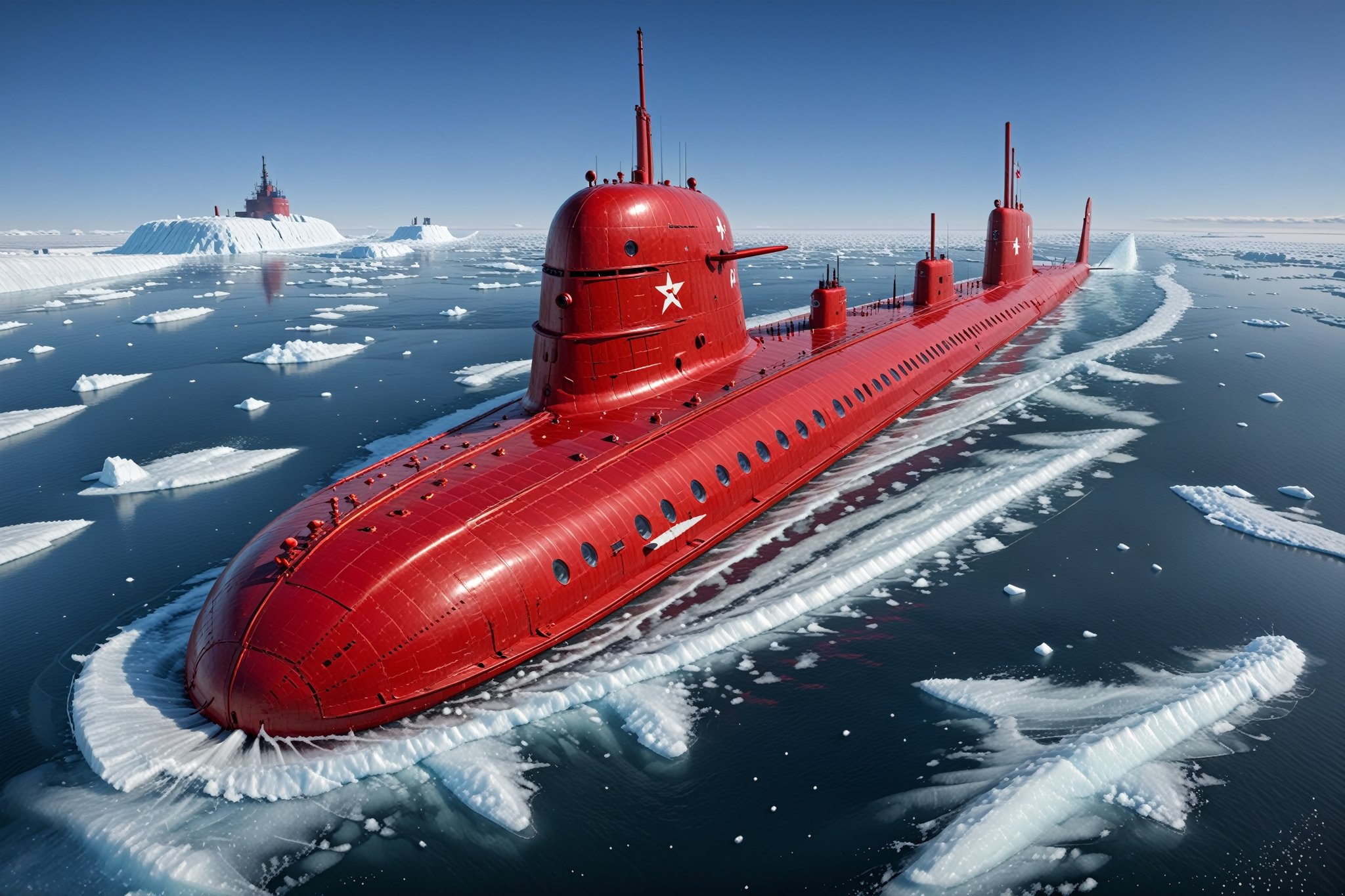 Craft a perfect 3D animation style image featuring an Akula class,  Soviet submarine. Picture the submarine breaking out t...