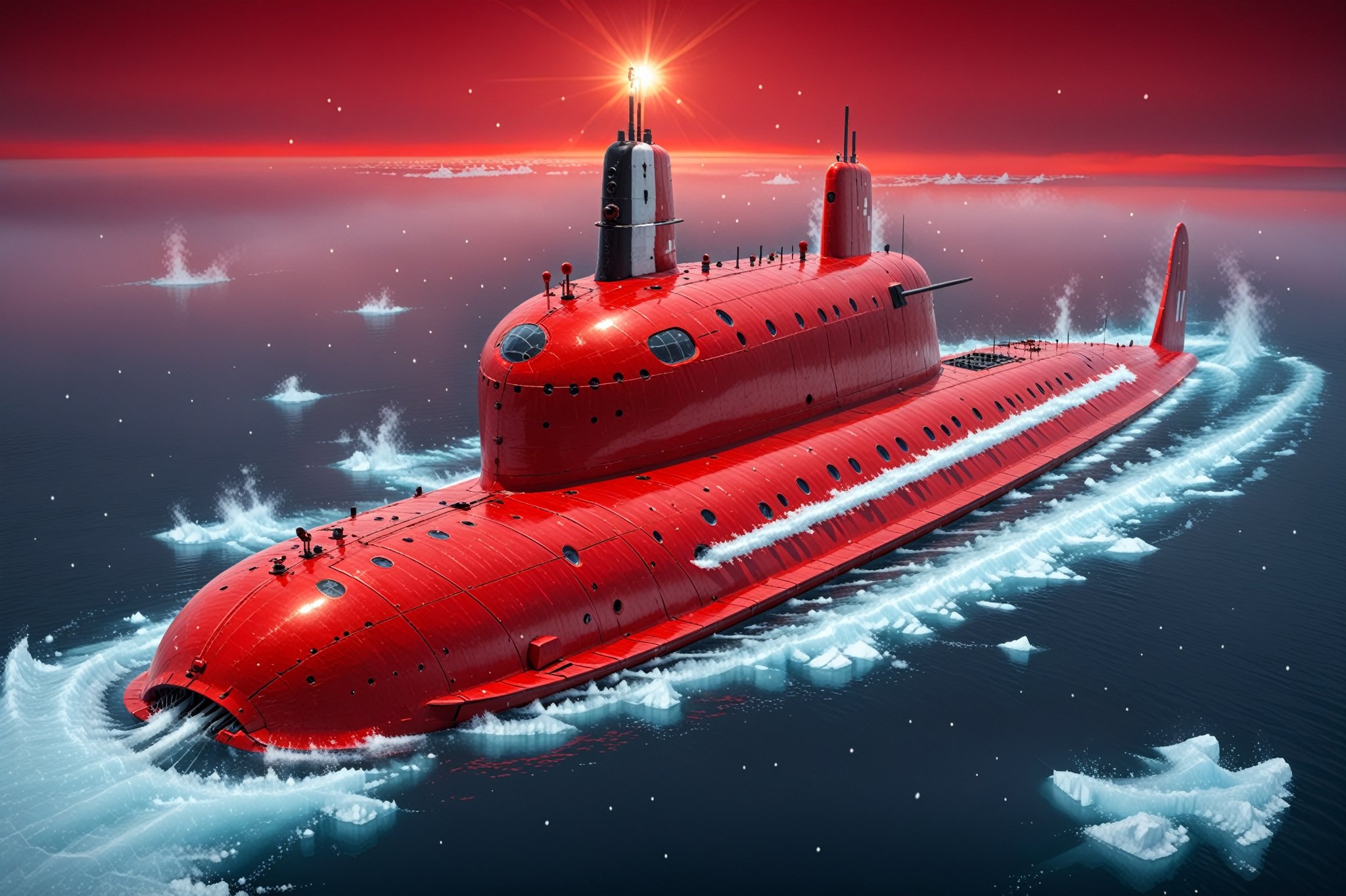Craft a perfect Christmas 3D animation style image featuring an Akula class,  Soviet submarine. Picture the submarine brea...
