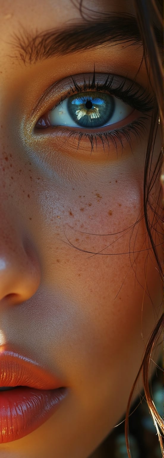 A close-up shot of a mystical woman, her features illuminated by soft, golden lighting. Her skin glows with an ethereal radiance, reminiscent of ancient Indian mythologies. Her eyes, like the deep blue of a still ocean, seem to hold secrets and mysteries. The framing is tight, focusing on her enigmatic smile, as if sharing a hidden truth.