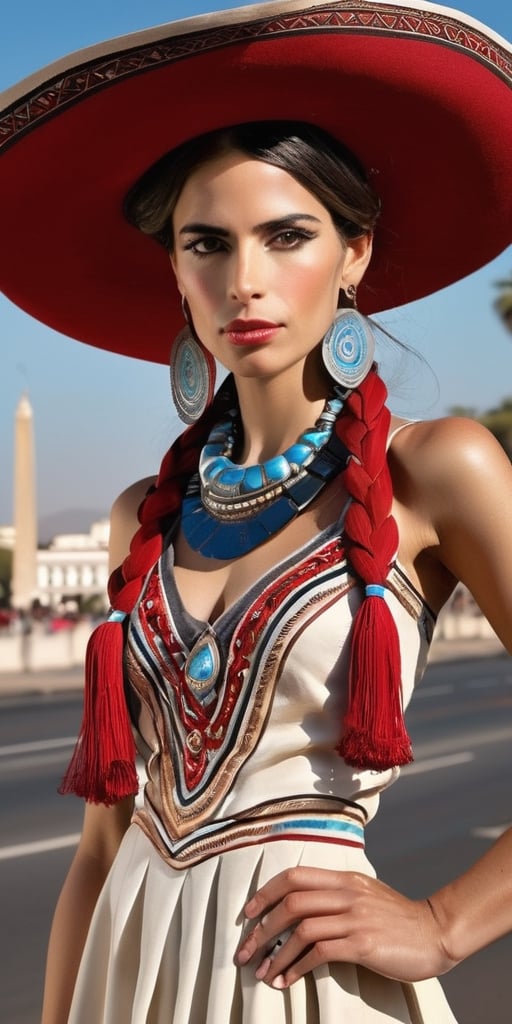 Create an image featuring a woman embodying the essence of Argentina. The woman should represent a random race,  with a sk...