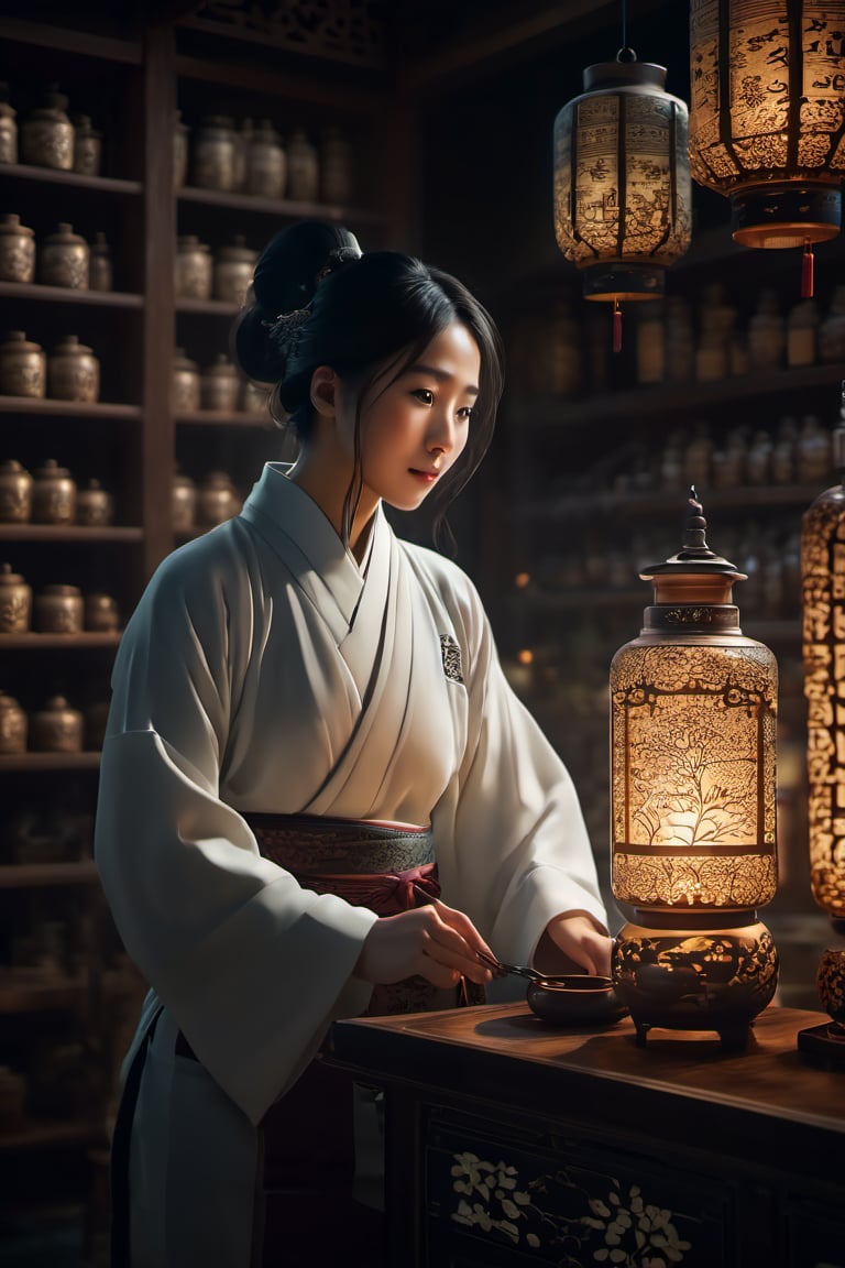 Generate an ultra-detailed,  cinematic scene featuring a Chinese doctor in traditional attire meticulously preparing a tea...