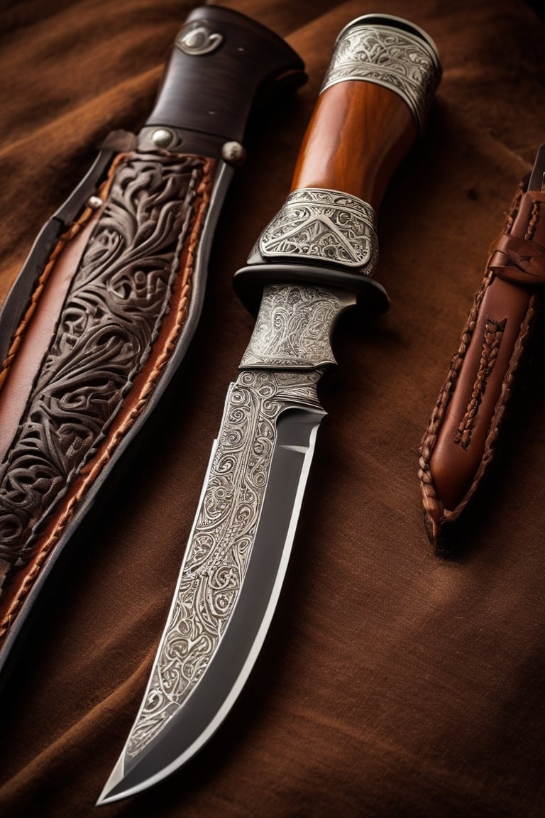 Detailed portrait of Beautiful argentina facon,  gaucho knife made of german carbon steel and with a sleeve made of intric...