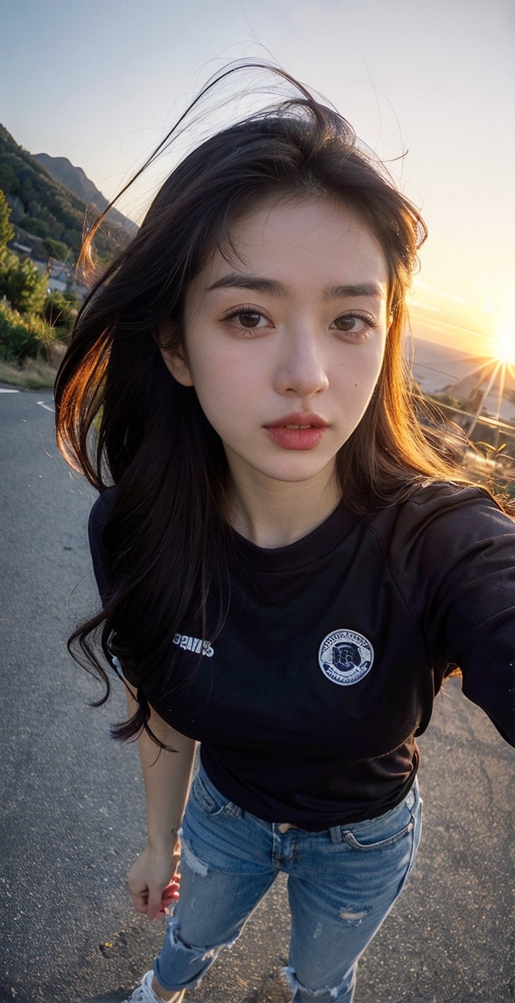 xxmix_girl,a woman takes a fisheye selfie on the top of a mountain at sunset, the wind blowing through her messy hair. The sun behind her, creating a stunning aesthetic and atmosphere with a rating of 1.2.,xxmix girl woman, futanari, close up, fisheye selphie, ,Hayoon,Narin,3ur0b4b3s