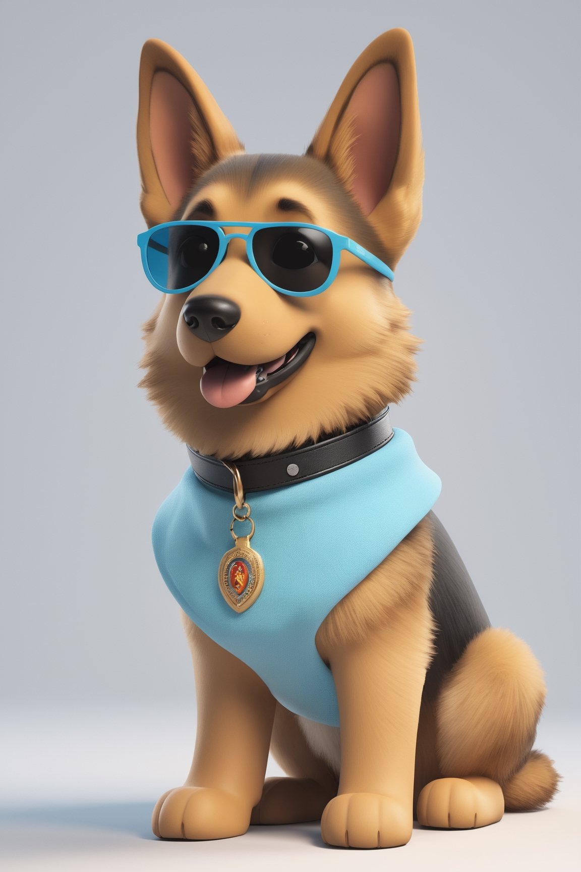 Create a 3D illustration for Tensor.art featuring a cheerful German Shepherd dog character with cartoon-like charm and large, friendly eyes. (((Full body view))). Ensure that the dog's collar tag prominently displays the official Tensor.art (TA) logo. White Assault outfit in white and light blue with sunglasses.

Incorporate intricate details while maintaining a cartoonish aesthetic. Use a lively and inviting color palette to evoke warmth and friendliness. Ensure a clean, uncluttered white background for a professional look and illuminate the scene well to highlight the German Shepherd dog, canvas, and computer screen.

The character should represent creativity and accessibility, aligning with Tensor.art's mission to make art approachable. It should be easily recognizable and exude charm and playfulness, leaving a lasting impression.

The goal is to establish Tensor.art's visual identity as both professional and welcoming, emphasizing the fusion of art and technology in a playful and approachable manner. The result should be distinctive, well-lit, and reflective of the platform's essence.