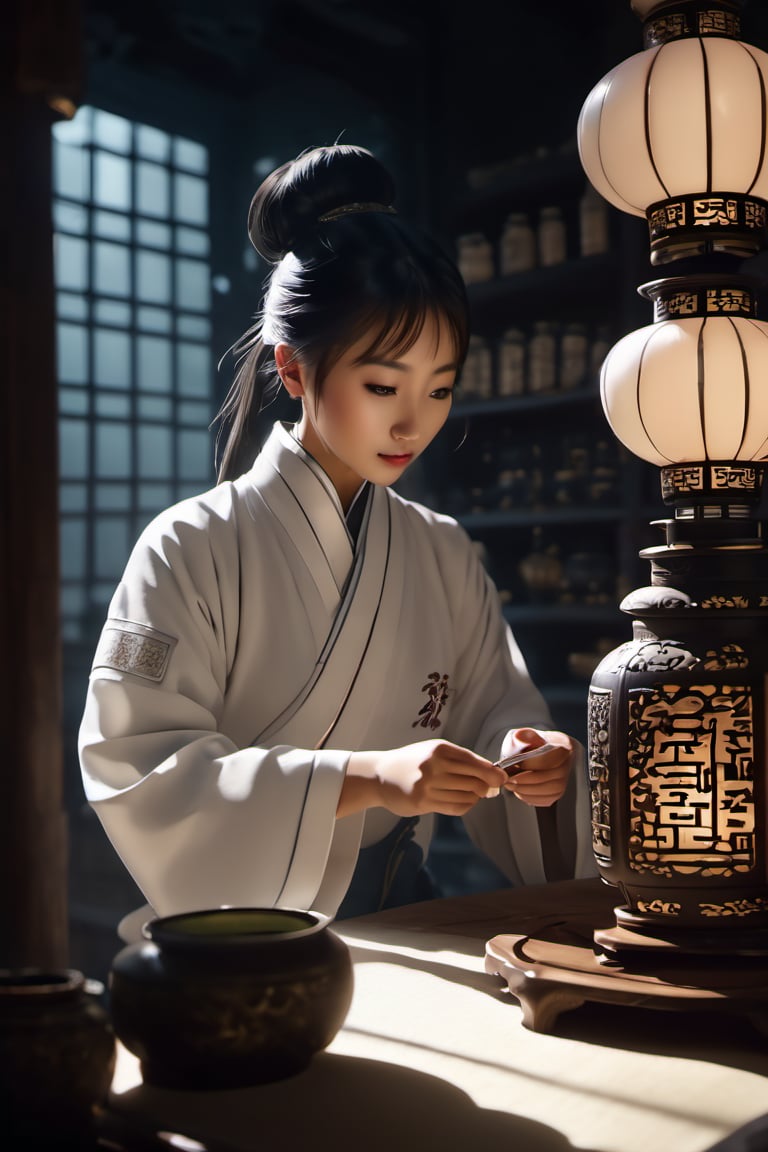 Generate an ultra-detailed,  cinematic scene featuring a Chinese doctor in traditional attire meticulously preparing a tea...