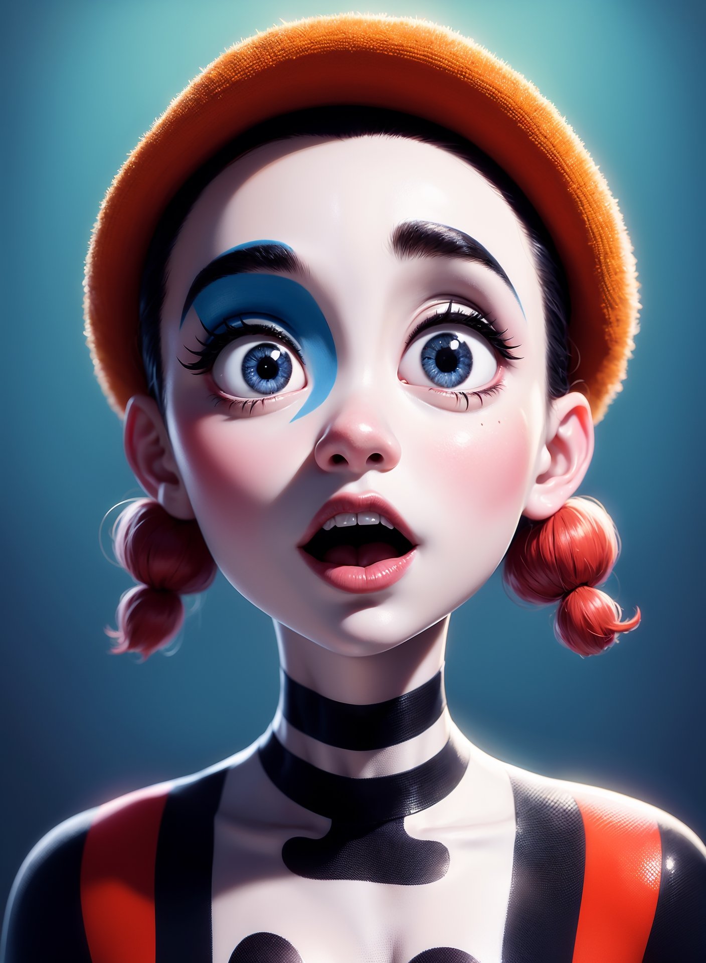 an ultra expressive French mime, face painted,singing , portrait, upper body, pixar style