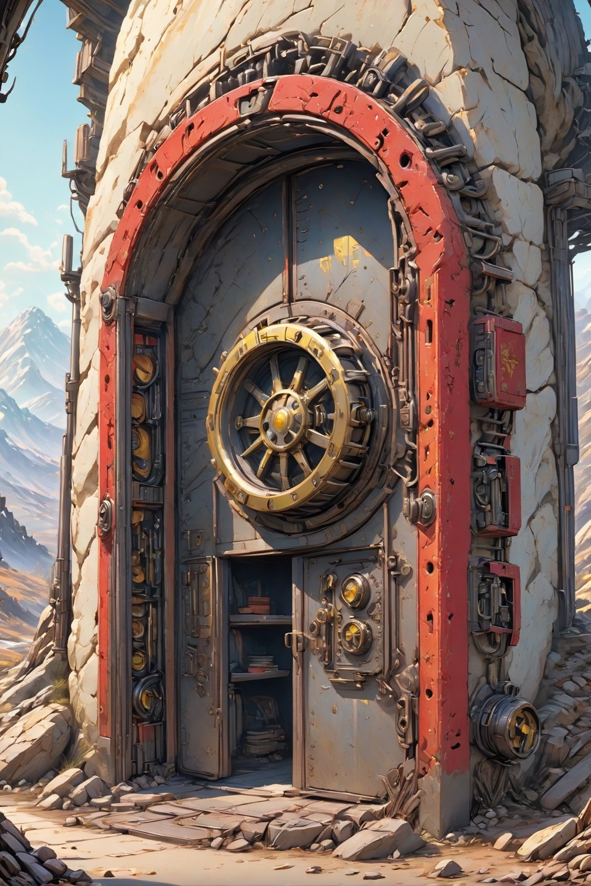 Illustrate the entryway of a Vault for Fallout 5,  emphasizing its multiple redundant mechanisms to open and close the vau...