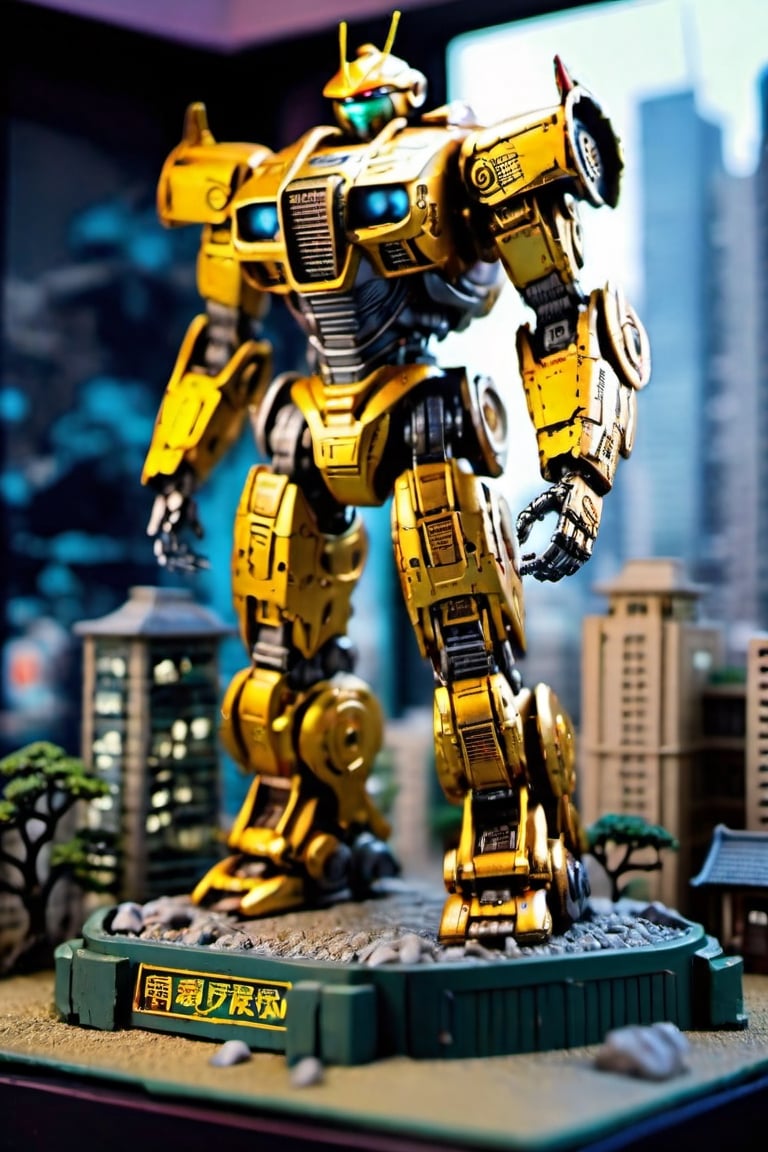 Ultra detailed,  fully assembled 80's Japanese metallic figure of a Pacific Rim Robot on scale 1:24,  on a diorama of the...