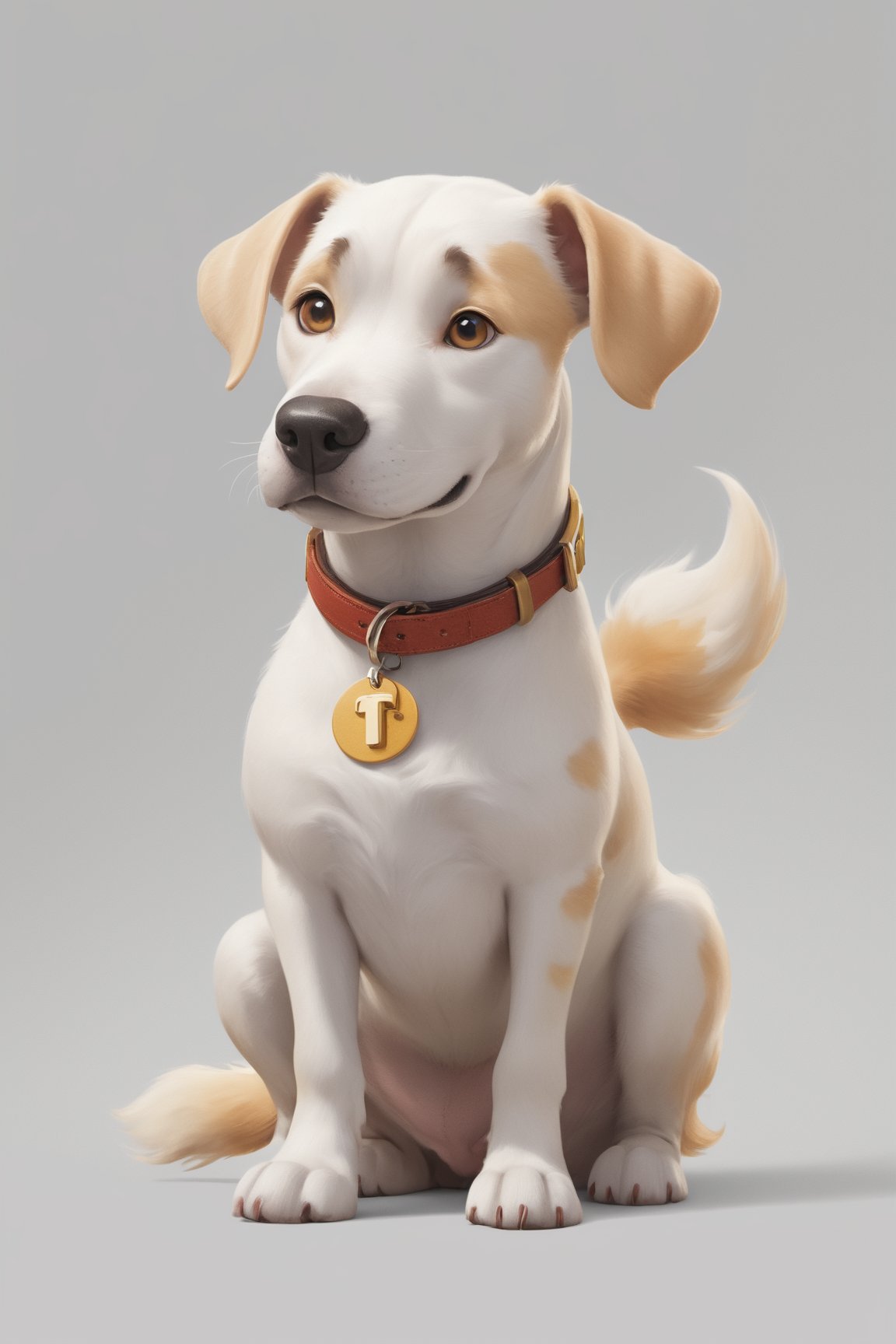 Create a 3D watercolor-style illustration for Tensor.art featuring a cheerful argentinian dogo  dog character with Pixar-like charm and large, friendly eyes. Full body, looking at the camera. Ensure that the dog's collar tag prominently displays ((sign word " T.A " on chest)).
Incorporate intricate details while maintaining a cartoonish aesthetic. Use a lively and inviting color palette to evoke warmth and friendliness. Ensure a clean, uncluttered white background for a professional look and illuminate the scene well to highlight the argentinian dogo dog, canvas, and computer screen.
The character should represent creativity and accessibility, aligning with Tensor.art's mission to make art approachable. It should be easily recognizable and exude charm and playfulness, leaving a lasting impression.

The goal is to establish Tensor.art's visual identity as both professional and welcoming, emphasizing the fusion of art and technology in a playful and approachable manner. The result should be distinctive, well-lit, and reflective of the platform's essence.