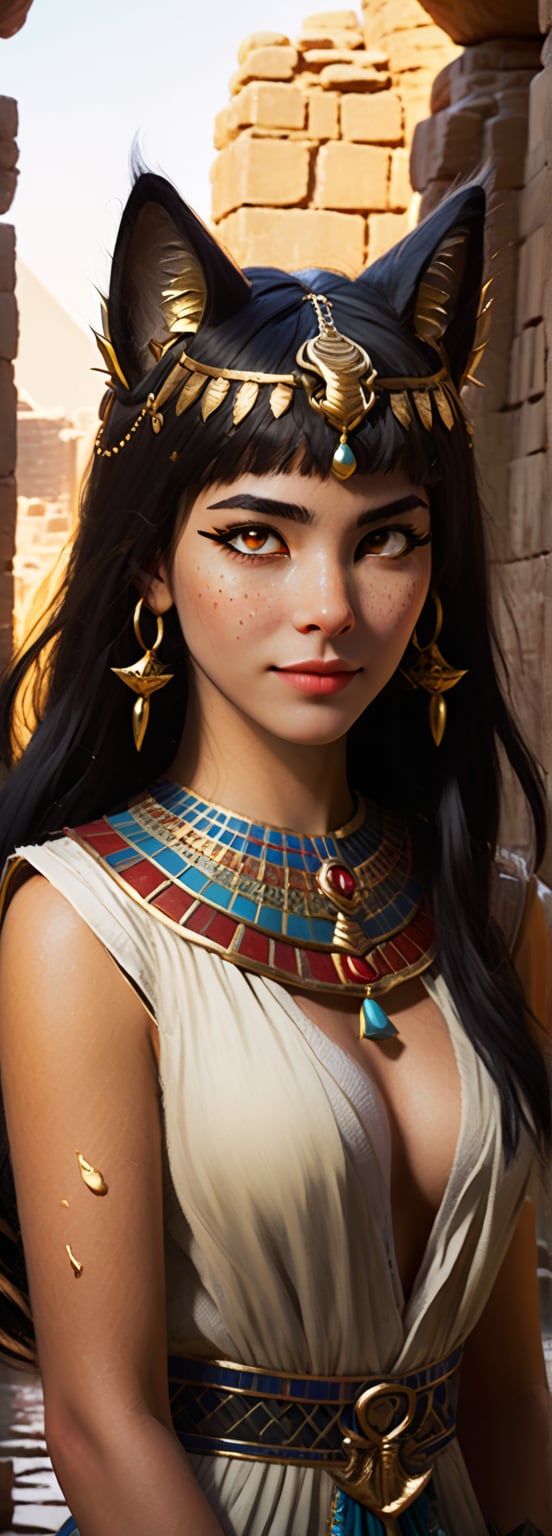 Majestic catgirl 'Meow' stands amidst ancient Egyptian ruins, circa 1st century BCE. Framed by crumbling stone walls and columns, warm golden light casts long shadows behind her. Her flowing black hair cascades down her back like a dark waterfall, complemented by delicate cat ears perched atop her head. Whiskers twitch as she smiles, playful mischief gleaming in her eyes. Freckles dance across her cheeks, adding whimsical charm amidst the ancient architecture and blooming lotus flowers.