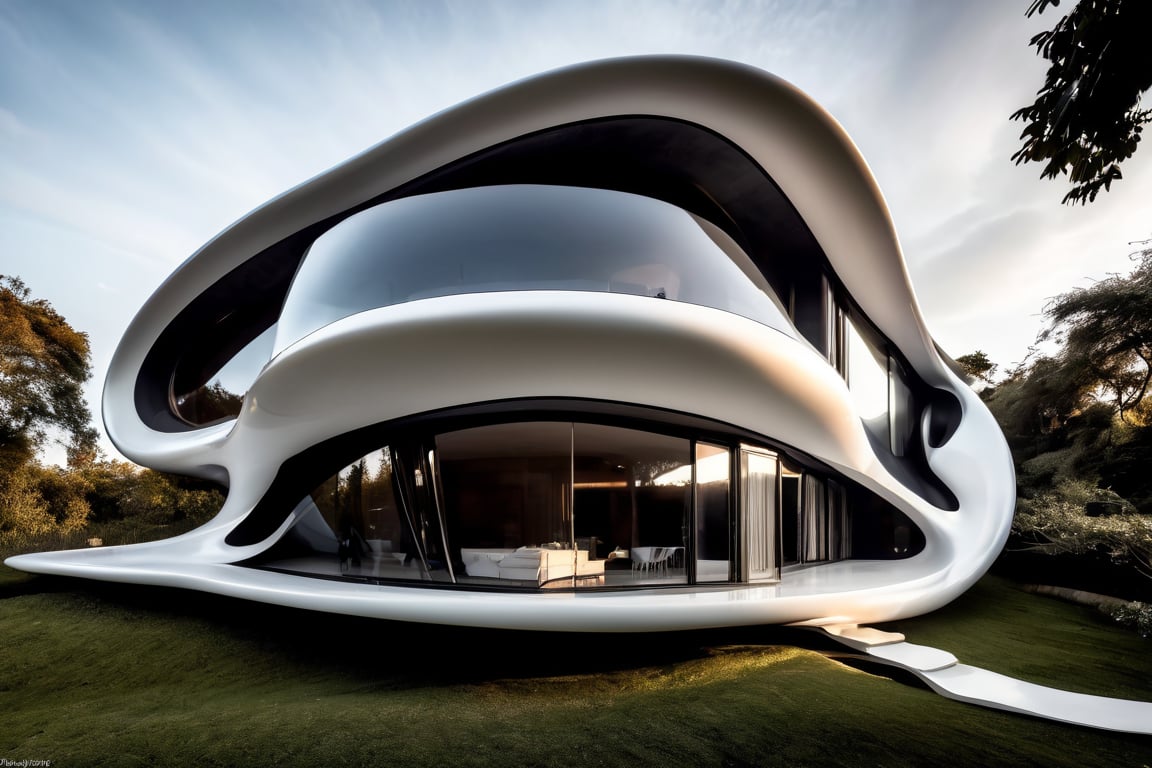 Zaha Hadid art style, design of a self sustain house, one floor, semy buried, hyper-realistic, 8k UHD, DSLR, soft lighting, high quality, film grain, Fuji-film XT3s
