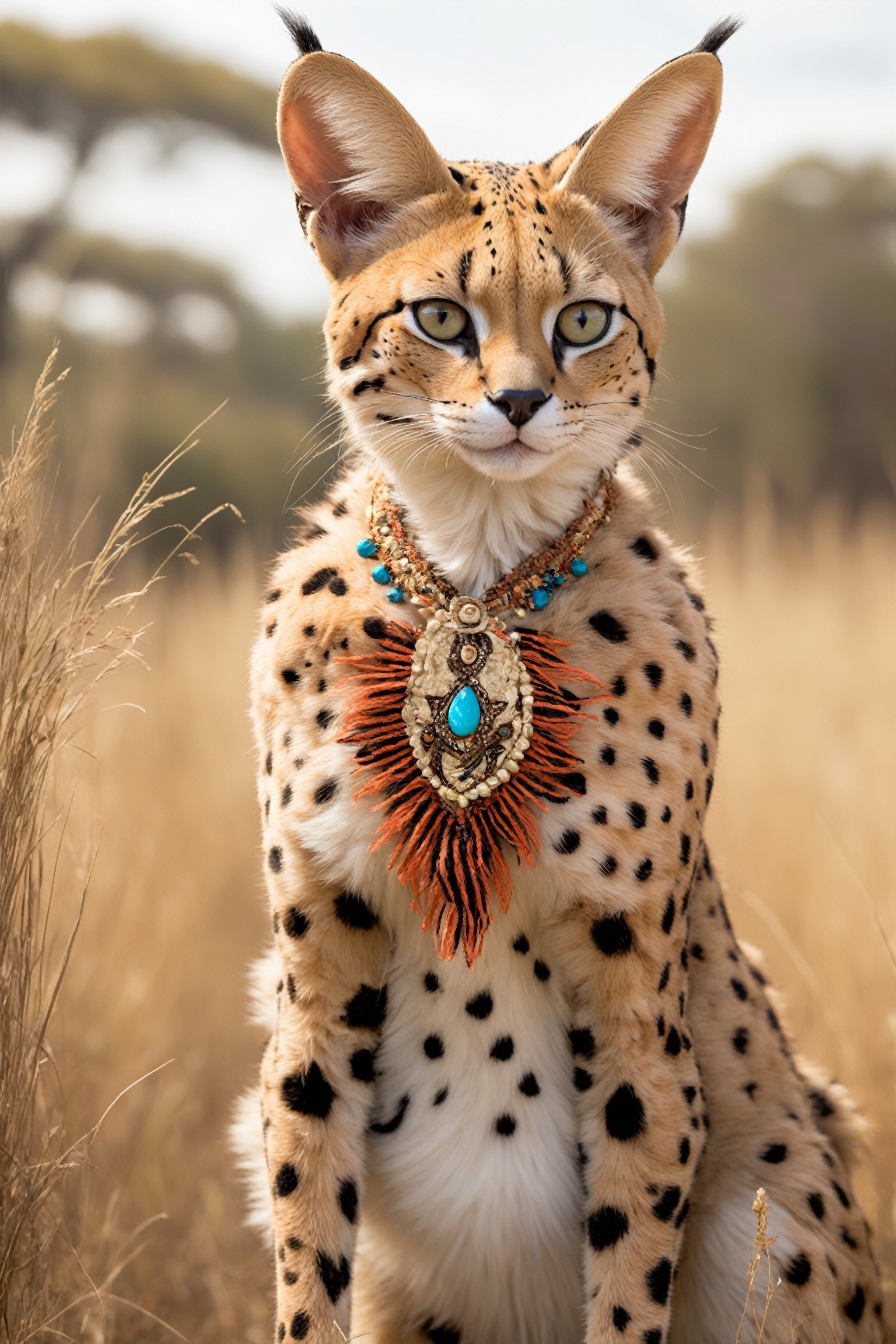  personified serval cat girl, embodying the grace, curiosity, and independence of her feline counterpart. With soft, spotted fur and expressive eyes, she captivates with her playful charm and alertness. Adorned in a whimsical ensemble inspired by the African savannah, she exudes a blend of wild beauty and human-like personality,catgirl