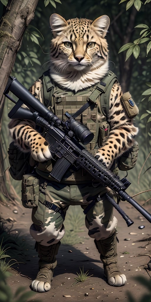 An animal military sniper team with a cheetah as the shooter and a Lion as the spooter,  hunting in the african sabana,  b...