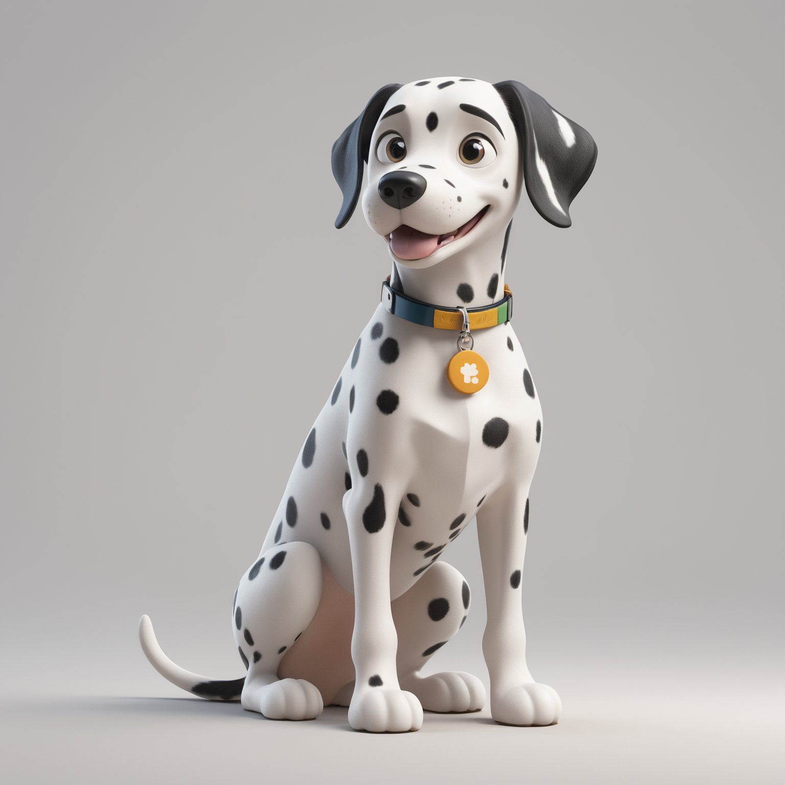 Create a 3D watercolor-style illustration for Tensor.art featuring a cheerful Dalmatian dog character with Pixar-like charm and large, friendly eyes. Full body, looking at the camera. Ensure that the dog's collar tag prominently displays in capital letters a “TA” logo.

Incorporate intricate details while maintaining a cartoonish aesthetic. Use a lively and inviting color palette to evoke warmth and friendliness. Ensure a clean, uncluttered white background for a professional look and illuminate the scene well to highlight the Dalmatian dog, canvas, and computer screen.

The character should represent creativity and accessibility, aligning with Tensor.art's mission to make art approachable. It should be easily recognizable and exude charm and playfulness, leaving a lasting impression.

The goal is to establish Tensor.art's visual identity as both professional and welcoming, emphasizing the fusion of art and technology in a playful and approachable manner. The result should be distinctive, well-lit, and reflective of the platform's essence.