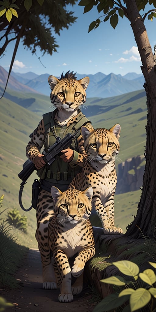 An army sniper duo with a cheetah as the shooter and a Lion as the spotter,  hunting in the african sabana,  blending camo...
