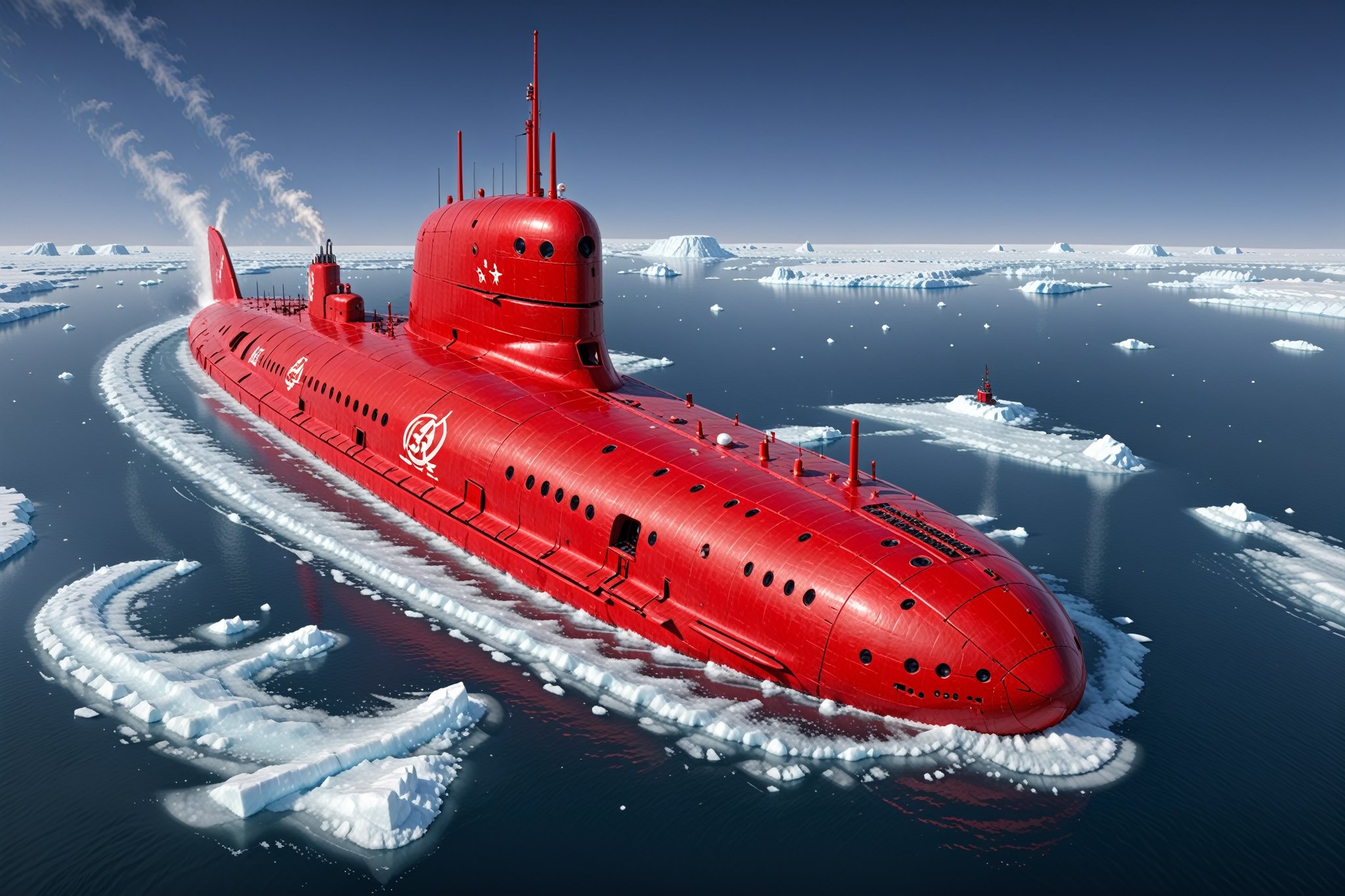 Craft a perfect Christmas 3D animation style image featuring an Akula class,  Soviet submarine. Picture the submarine brea...
