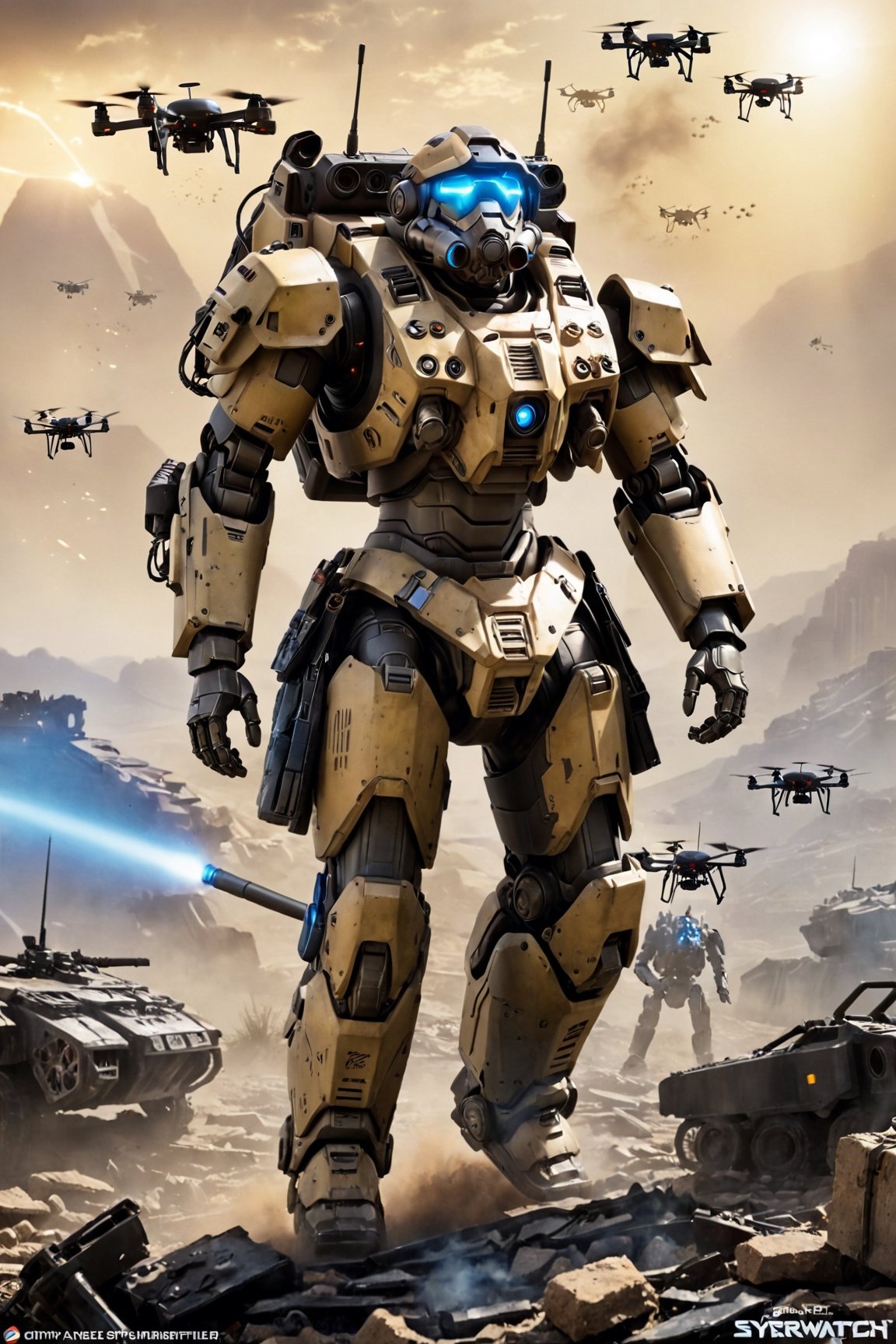 In the midst of a desolate wasteland,  the wearer of the Apex Mk.IV power armor,  adorned with the sleek drone swarm backp...