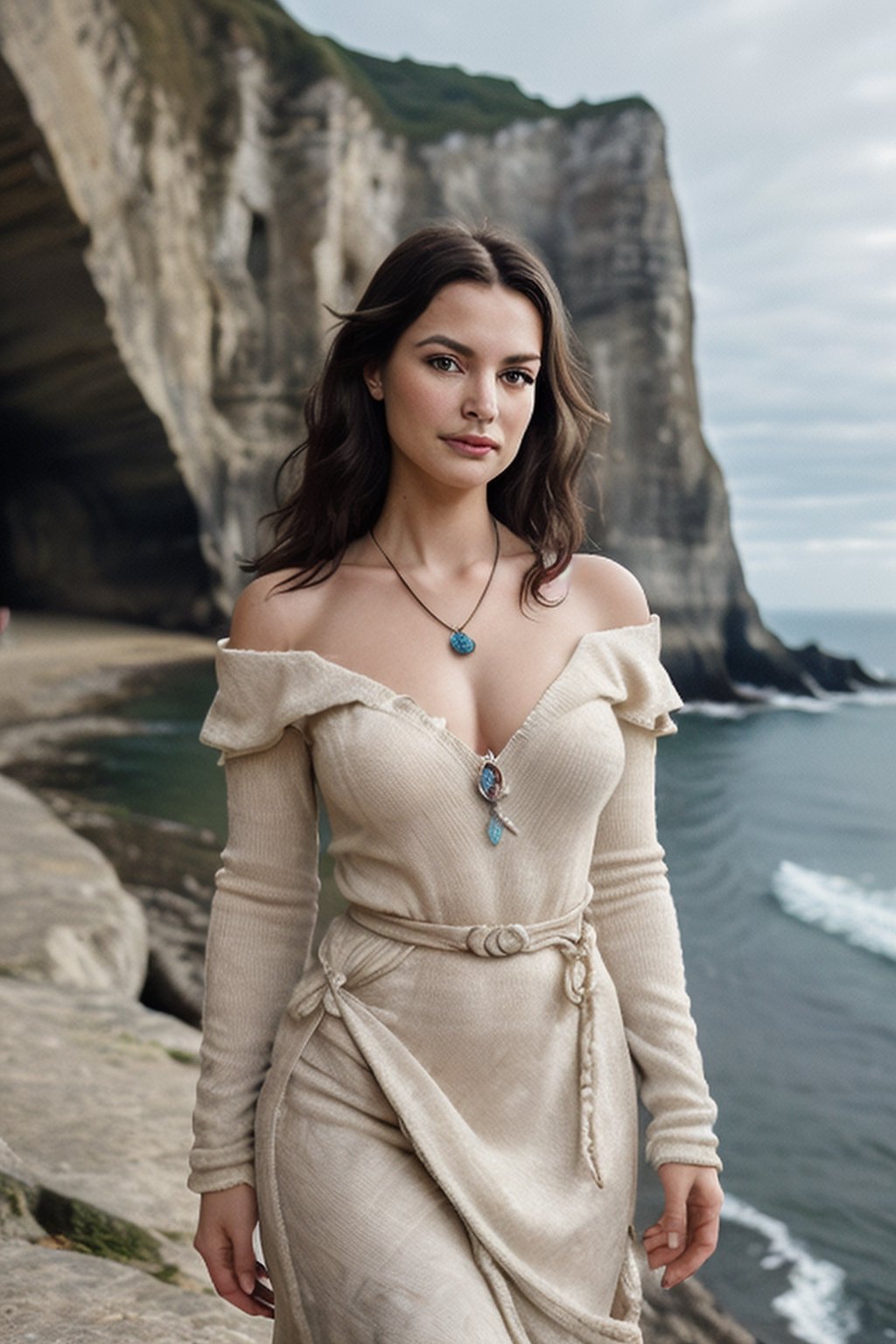 "Generate an image of a Spanish woman from the Basque country in the north,  radiating beauty and strength,  set against t...