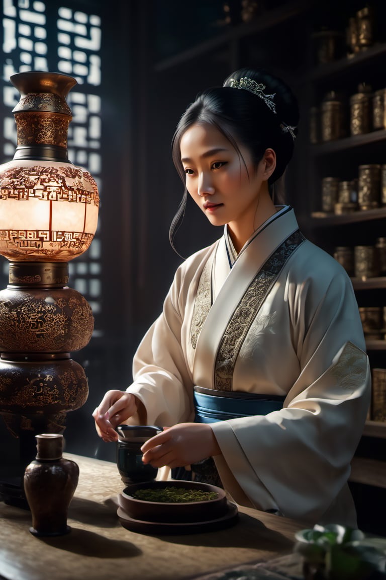 Generate an ultra-detailed,  cinematic scene featuring a Chinese doctor in traditional attire meticulously preparing a tea...