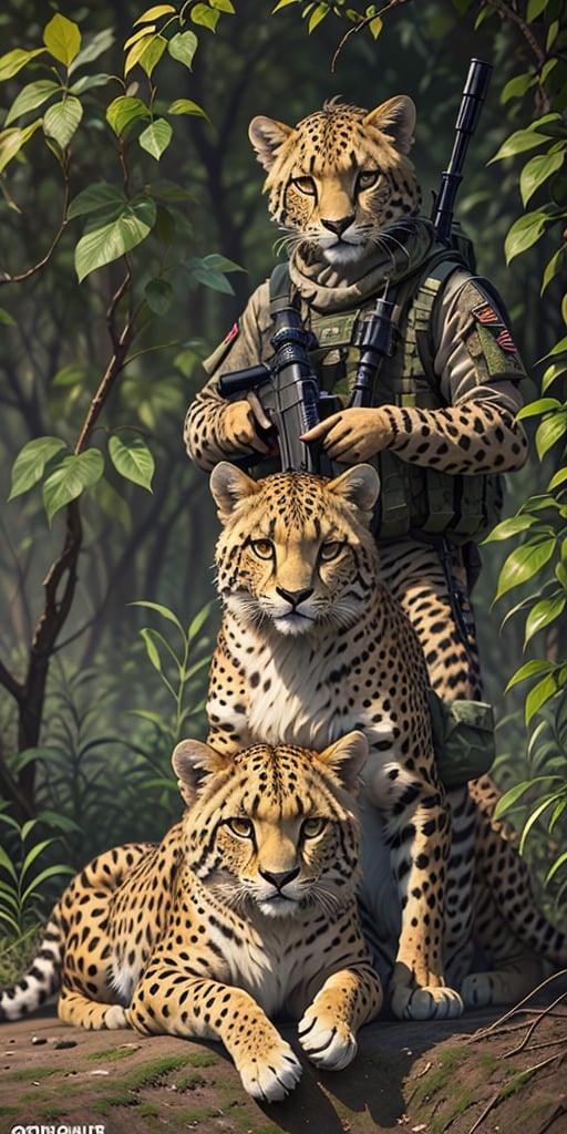 An army sniper duo with a cheetah as the shooter and a Lion as the spotter,  hunting in the african sabana,  blending camo...