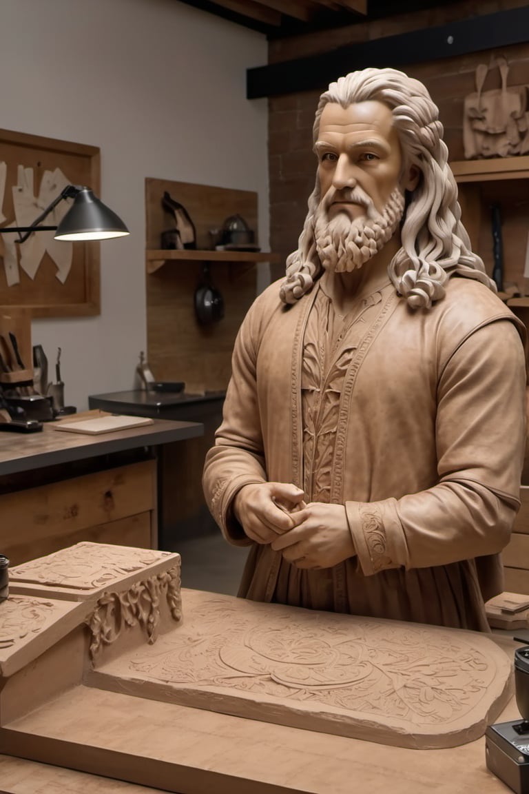 Create an image of Leonardo da Vinci in old Renaissance attire at his atelier designing a 2023 concept super-car in clay....