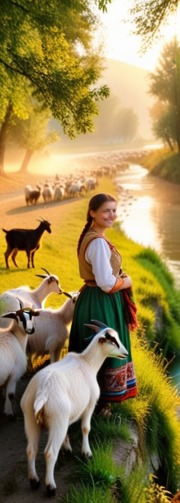 A serene rural Bulgarian scene unfolds as a young woman, clad in traditional peasant attire and radiating a warm smile, leads her flock of goats along the riverbank at dawn. The soft golden light of early morning casts a gentle glow on the lush green surroundings, accentuating the rustic beauty of the landscape.