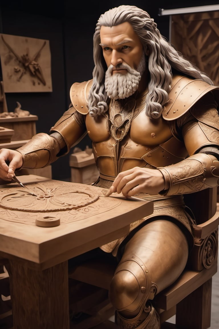 Create an image of Leonardo da Vinci in old Renaissance attire at his atelier designing a 2023 concept super-car in clay....