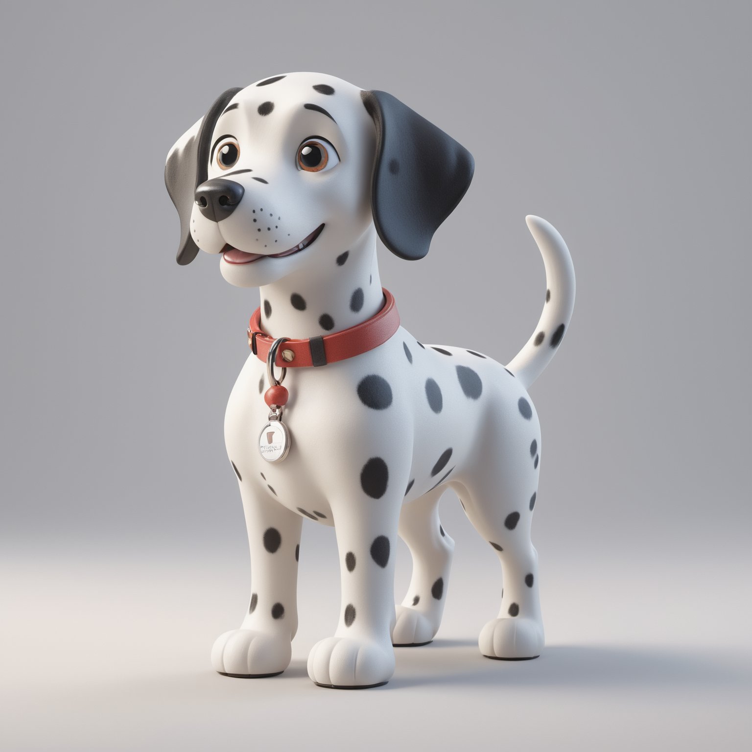 Create a 3D watercolor-style illustration for Tensor.art featuring a cheerful Dalmatian dog character with Pixar-like charm and large, friendly eyes. Full body, looking at the camera. Ensure that the dog's collar tag prominently displays the official Tensor.art (TA) logo.

Incorporate intricate details while maintaining a cartoonish aesthetic. Use a lively and inviting color palette to evoke warmth and friendliness. Ensure a clean, uncluttered white background for a professional look and illuminate the scene well to highlight the Dalmatian dog, canvas, and computer screen.

The character should represent creativity and accessibility, aligning with Tensor.art's mission to make art approachable. It should be easily recognizable and exude charm and playfulness, leaving a lasting impression.

The goal is to establish Tensor.art's visual identity as both professional and welcoming, emphasizing the fusion of art and technology in a playful and approachable manner. The result should be distinctive, well-lit, and reflective of the platform's essence.