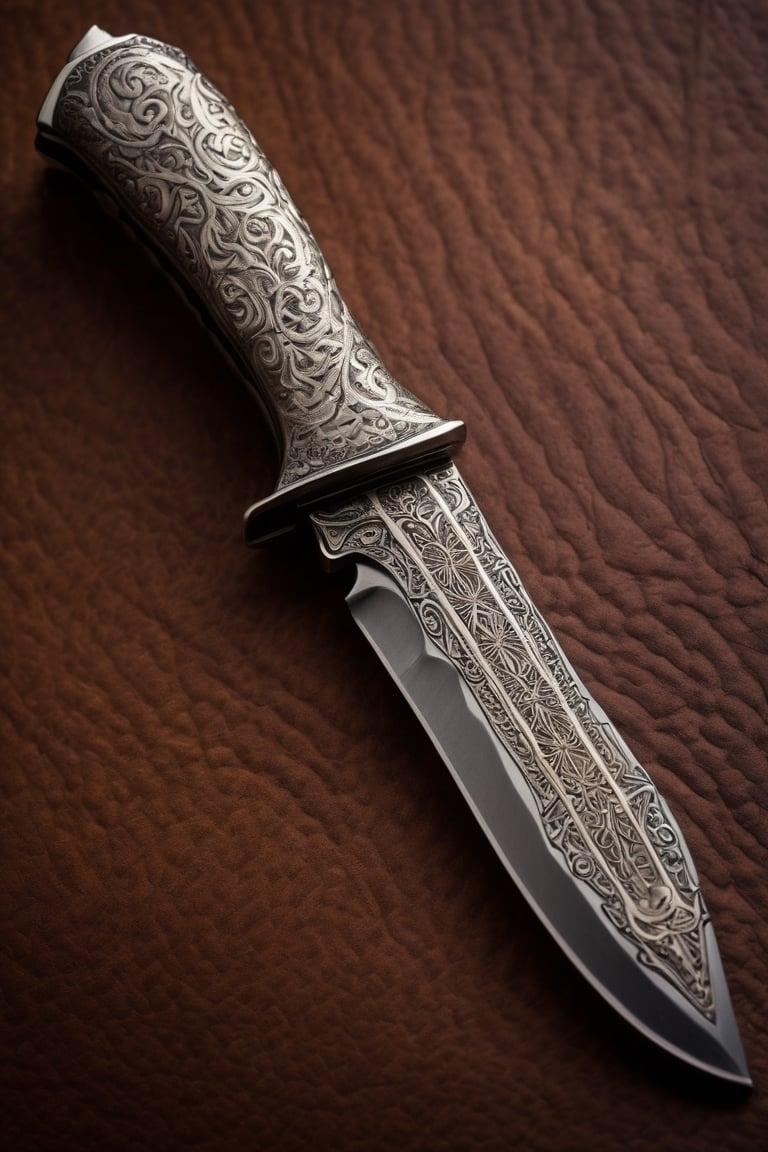 Detailed portrait of Beautiful facon,  gaucho knife made of german carbon steel and with a sleeve made of intricate design...