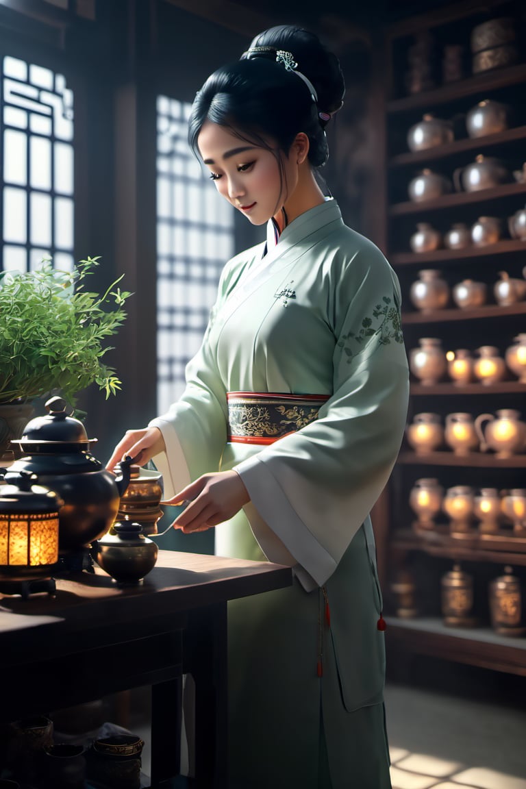 Generate an ultra-detailed,  cinematic scene featuring a Chinese doctor in traditional attire meticulously preparing a tea...