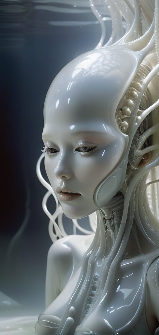 In Tim Walker's and hr giger's signature style,  the captivating image showcases a singular ethereal and enigmatic abyssal...